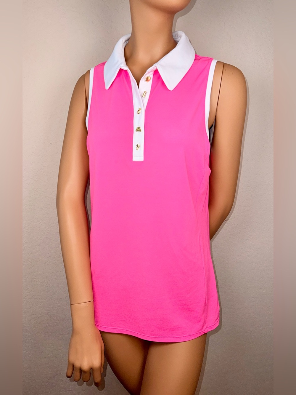 Lilly Pulitzer Hot Pink Sleeveless Polo White Collar Gold Novelty Buttons M